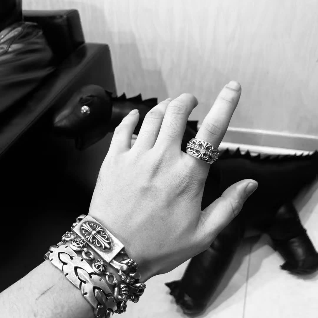 Chrome Hearts Silver Tone Chain Bracelet with Floral and Sword Design